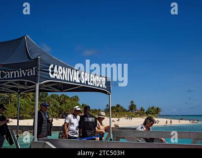 South Pacific Cruise /  Cruise ship passengers  from the Carnival Splendor  departing Mystery Island Jetty.After departing from Sydney Australia this Stock Photo