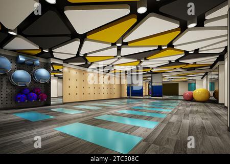 Premium Photo  Empty yoga studio interior design open space with stage and  large mirror 3d rendering