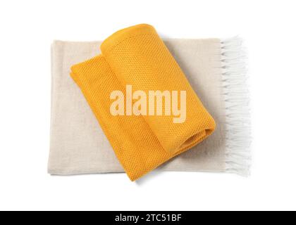 Two soft warm blankets isolated on white, above view Stock Photo