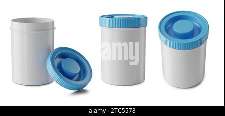 plastic containers with cap, empty jar or pot for storage and carrying food and grocery merchandise with blue lid, realistic 3D rendered illustration Stock Photo