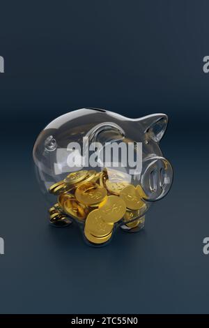 Glass piggy bank with coins inside isolated on white background. 3d ...