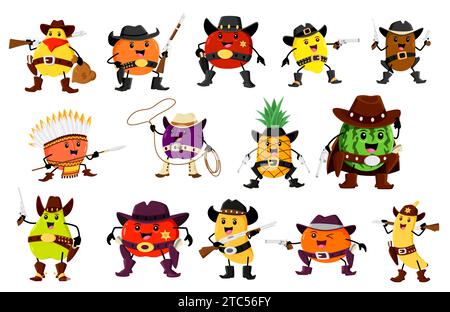 Cartoon fruit cowboy, sheriff, ranger bandit characters. Vector banana, plum and lemon, mandarin and kiwi. Pineapple, pear, mango, and apricot, watermelon, quince, apple and orange rancher personages Stock Vector