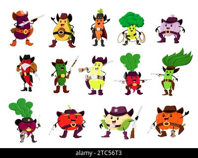 Cartoon vegetable cowboy and ranger, sheriff, robber and bandit characters. Vector cauliflower, eggplant, avocado and broccoli. Chili pepper, cucumber, squash and radish with spinach, tomato and beet Stock Vector