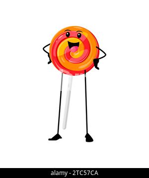 Cartoon cheerful lollipop funny fast food character. Isolated vector joyful, vibrant candy on stick personage with smiling face, swirling colors, and a playful aura, spreading sweetness and happiness Stock Vector