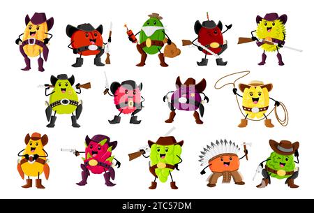 Cartoon fruit cowboy, sheriff, ranger and bandit characters. Vector western melon, apple, feijoa or plum. Durian, pear, lychee, figs and carambola with mango, dragon fruit, grapes, orange and bergamot Stock Vector