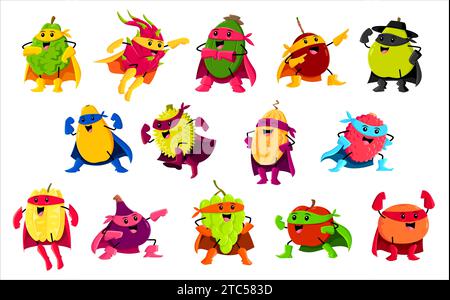 Cartoon fruit superhero and defender characters. Vector melon, apple, feijoa or plum. Durian, pear, lychee, figs or carambola with mango, dragon fruit, grapes, orange or bergamot super hero personages Stock Vector