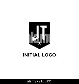 JT monogram initial logo with geometric shield and star icon design style ideas Stock Vector