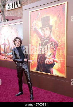 Los Angeles, California, USA. 10th December, 2023. Cast member Timothée Chalamet attends the premiere of the motion picture musical comedy 'Wonka' at the Village Theatre in the Westwood section of Los Angeles on Sunday, December 10, 2023. Storyline: With dreams of opening a shop in a city renowned for its chocolate, a young and poor Willy Wonka discovers that the industry is run by a cartel of greedy chocolatiers. Photo by Greg Grudt/UPI Credit: UPI/Alamy Live News Stock Photo