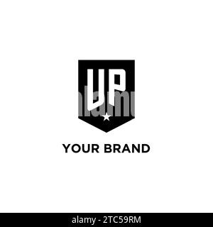 UP monogram initial logo with geometric shield and star icon design style ideas Stock Vector