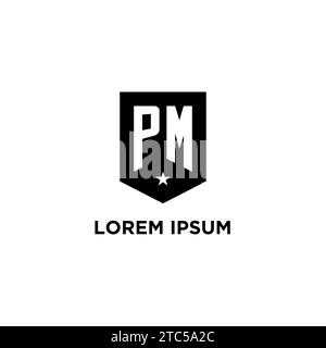 PM monogram initial logo with geometric shield and star icon design style ideas Stock Vector