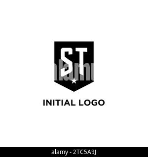 ST monogram initial logo with geometric shield and star icon design style ideas Stock Vector