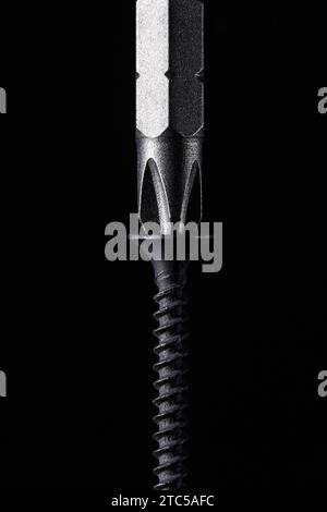 Screwing in a self-tapping screw with a bat on a black background. Macro photography Stock Photo