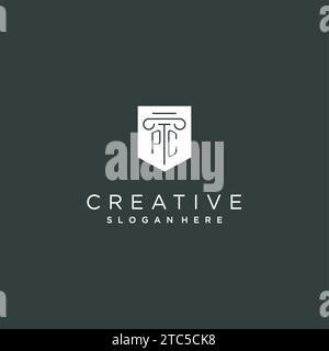 PC monogram with pillar and shield logo design, luxury and elegant logo for legal firm vector graphic Stock Vector