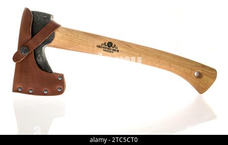 Winneconne, WI - 2 December 2023: A package of Gransfors bruk axe on an isolated background Stock Photo