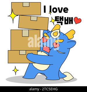 Blue Dragon Character in Love with Delivery Box Stock Photo