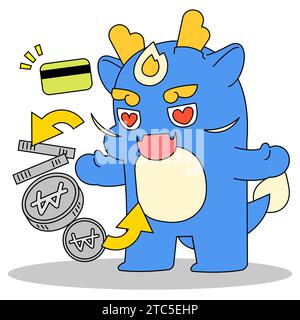 Blue Dragon character that fell in love with a coin and a card Stock Photo