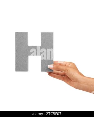 Hand of woman, capital letter H and presentation of consonant isolated on white background. Character, font and person with English alphabet typeface Stock Photo
