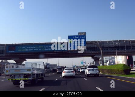 Driving on the E11 Sheikh Zayed Rd highway in Dubai, UAE. Stock Photo