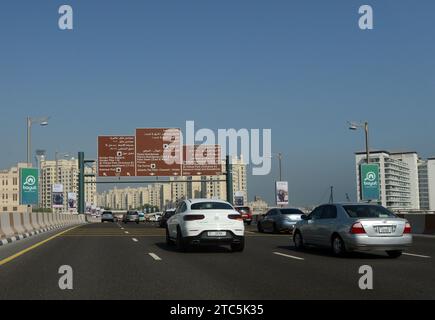 Driving on the E11 Sheikh Zayed Rd highway in Dubai, UAE. Stock Photo