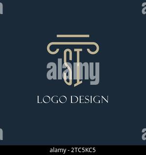 SI initial logo for lawyer, law firm, law office with pillar icon design ideas Stock Vector