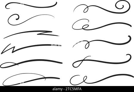 Swashes swoops and swishes calligraphy signs. Underlines hand drawn strokes. Vector symbols set. Stock Vector