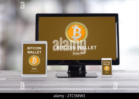 Bitcoin wallet concept shown on different information technology devices Stock Photo