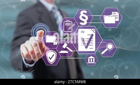 Man touching a validation concept on a touch screen with his fingers Stock Photo