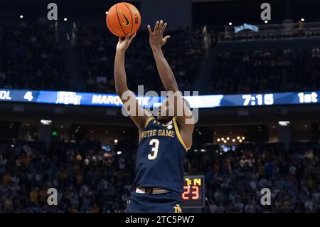 Milwaukee, WI, USA. 9th Dec, 2023. Notre Dame Fighting Irish guard Markus Burton (3) shoots a jump shot during the NCAA basketball game between the Notre Dame Fighting Irish and the Marquette Golden Eagles at the Fiserv Forum in Milwaukee, WI. Kirsten Schmitt/Cal Sport Media. Credit: csm/Alamy Live News Stock Photo
