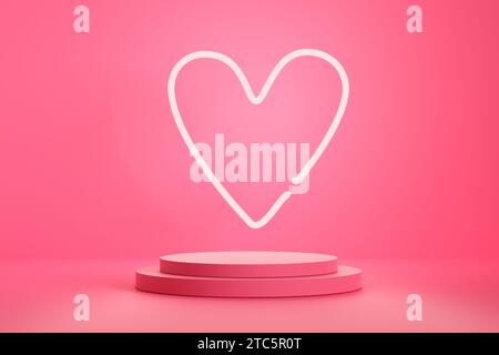Pink colored cylindrical stands with heart shaped light on background. Minimalistic podium or platform showcase for product display. Mock up for produ Stock Photo