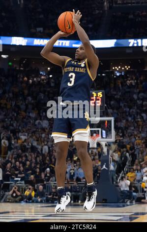 Milwaukee, WI, USA. 9th Dec, 2023. Notre Dame Fighting Irish guard Markus Burton (3) shoots a jump shot during the NCAA basketball game between the Notre Dame Fighting Irish and the Marquette Golden Eagles at the Fiserv Forum in Milwaukee, WI. Kirsten Schmitt/Cal Sport Media. Credit: csm/Alamy Live News Stock Photo