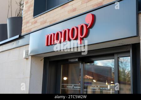 Bordeaux , France - 11 20 2023 : Monop' sign logo and text brand wall facade retail chain store wall facade food retailing hardware clothes and gifts Stock Photo