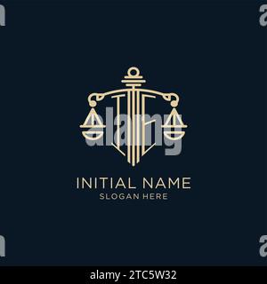 Initial IE logo with shield and scales of justice, luxury and modern law firm logo design vector graphic Stock Vector