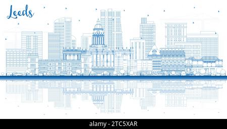 Outline Leeds UK City Skyline with Blue Buildings and reflections. Vector Illustration. Leeds Yorkshire Cityscape with Landmarks. Business Travel and Stock Vector