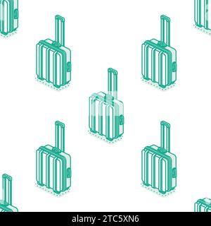 Seamless pattern with small suitcases on wheels isolated on white background. Isometric outline objects. Vector illustration. Luggage. Travel symbol. Stock Vector