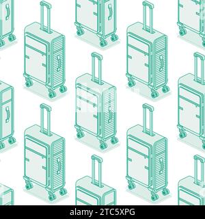 Seamless pattern with suitcases on wheels isolated on white background. Isometric outline objects. Vector illustration. Luggage. Travel symbol. Stock Vector