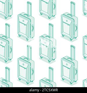 Seamless pattern with suitcases on wheels isolated on white background. Isometric outline objects. Vector illustration. Luggage. Travel symbol. Stock Vector