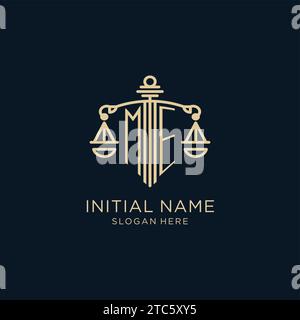 Initial ME logo with shield and scales of justice, luxury and modern law firm logo design vector graphic Stock Vector