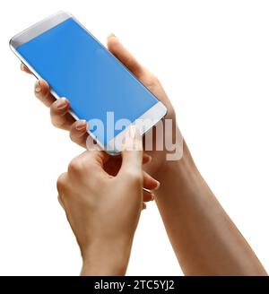 Female hands holding phone with blank screen isolated Stock Photo - Alamy