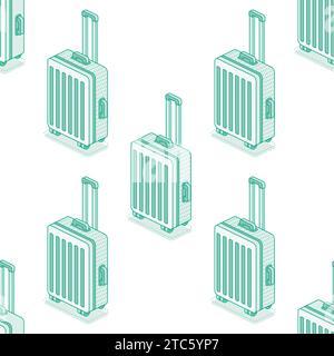 Seamless pattern with suitcases on wheels isolated on white background. Isometric outline objects. Vector illustration. Luggage. Travel symbol. Stock Vector