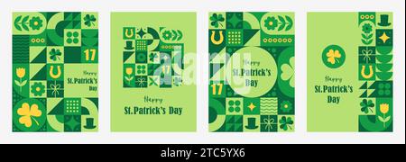 Happy St. Patrick day posters. Set of Neo geometric backgrounds. Trendy minimalist designs with simple shapes and elements. Vector illustration in Stock Vector