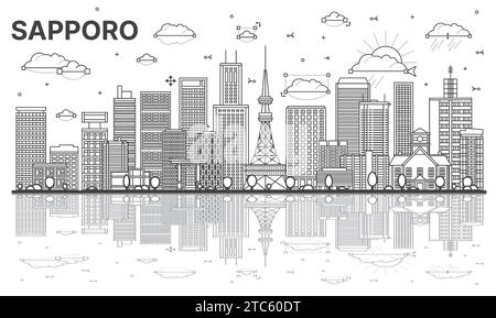 Outline Sapporo Japan city skyline with modern, historic buildings and reflections isolated on white. Vector illustration. Sapporo cityscape. Stock Vector