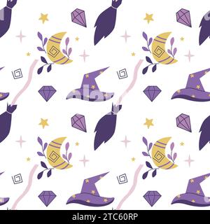 Witch hat and broom magic seamless pattern. Symbols of witchcraft and wizardry background. Hand drawn moon, crystals, magic hat and stars, print Stock Vector