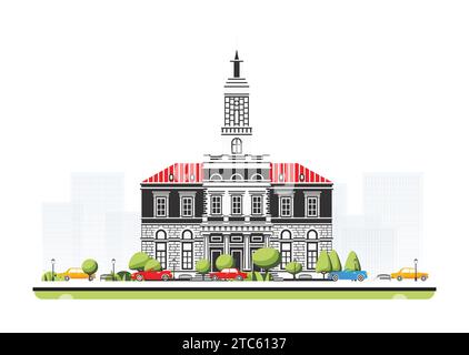 City hall building in flat style with trees and cars. Vector illustration. City scene isolated on white background. Urban architecture. Stock Vector