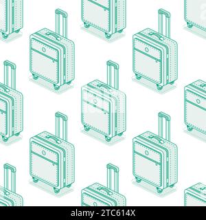 Seamless pattern with suitcases on wheels isolated on white background. Isometric outline objects. Vector illustration. Luggage. Travel symbol. Stock Vector