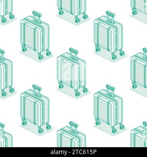 Seamless pattern with suitcases on wheels isolated on white background. Isometric outline objects. Vector illustration. Luggage. Travel symbol. Stock Vector
