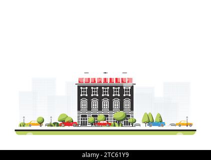 City district with old black building in flat style with trees and cars. Vector illustration. City scene isolated on white background. Stock Vector