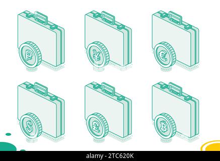 Business briefcase with dollar, euro, pound, ruble, yen and bitcoin coins. Isometric outline concept. Vector illustration. 3d objects. Stock Vector