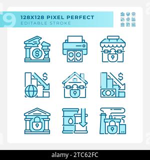 2D editable pixel perfect blue economic crisis icons Stock Vector