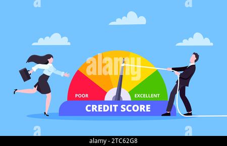 Man pushes credit score arrow gauge indicator with color level ...