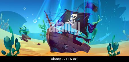 Wrecked pirate ship on sea bottom. Vector cartoon illustration of old damaged vessel lying on sandy seabed under water, jolly roger symbol on black sail, treasure search adventure game background Stock Vector